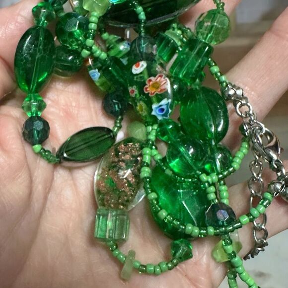 Handmade Triple Strand Glass Beaded Green Necklace with millefiori Beads 16” - Picture 3 of 5